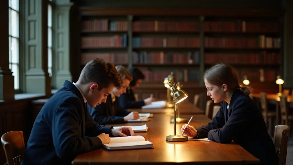 Students in school uniform studying quietly together in a traditional UK library