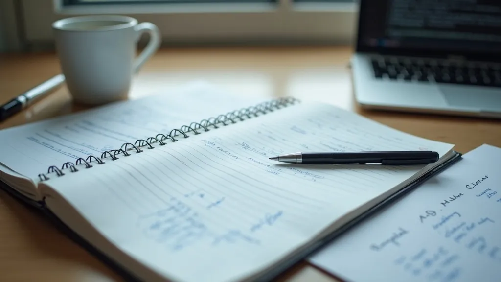 Open spiral notebook with handwritten notes and pen on a wooden desk beside a coffee cup