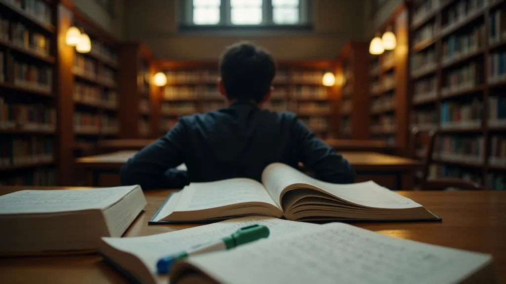 Student studying alone at a library desk surrounded by open books and notes