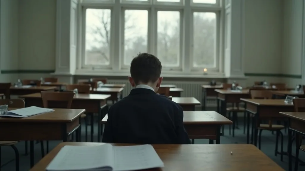 Lone pupil in school uniform sitting alone at a desk in an empty British classroom