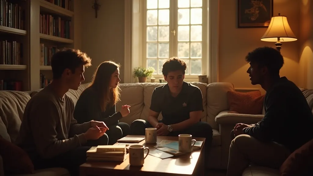 Four young people having an earnest discussion together in a warmly lit living room