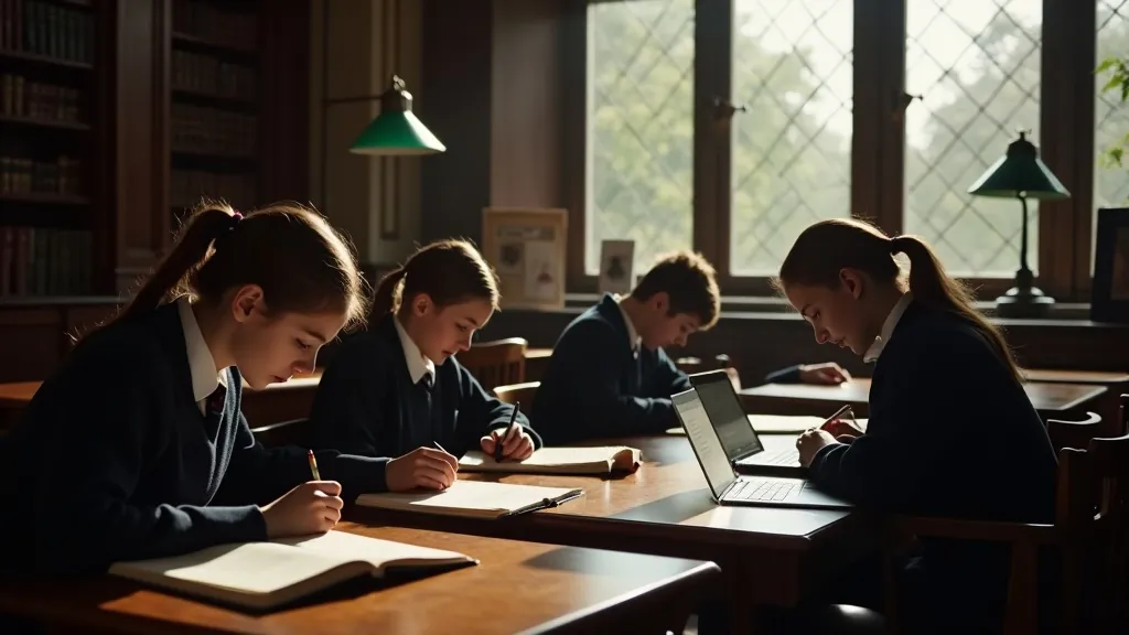 Students in school uniforms studying at wooden desks in a traditional library setting