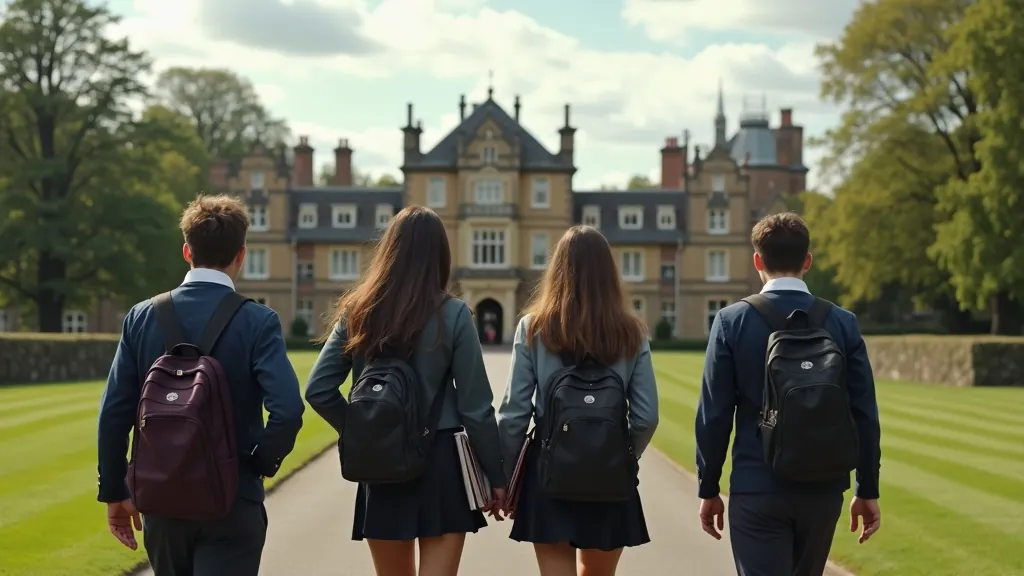 Four students in school uniforms walking towards a grand UK private school building
