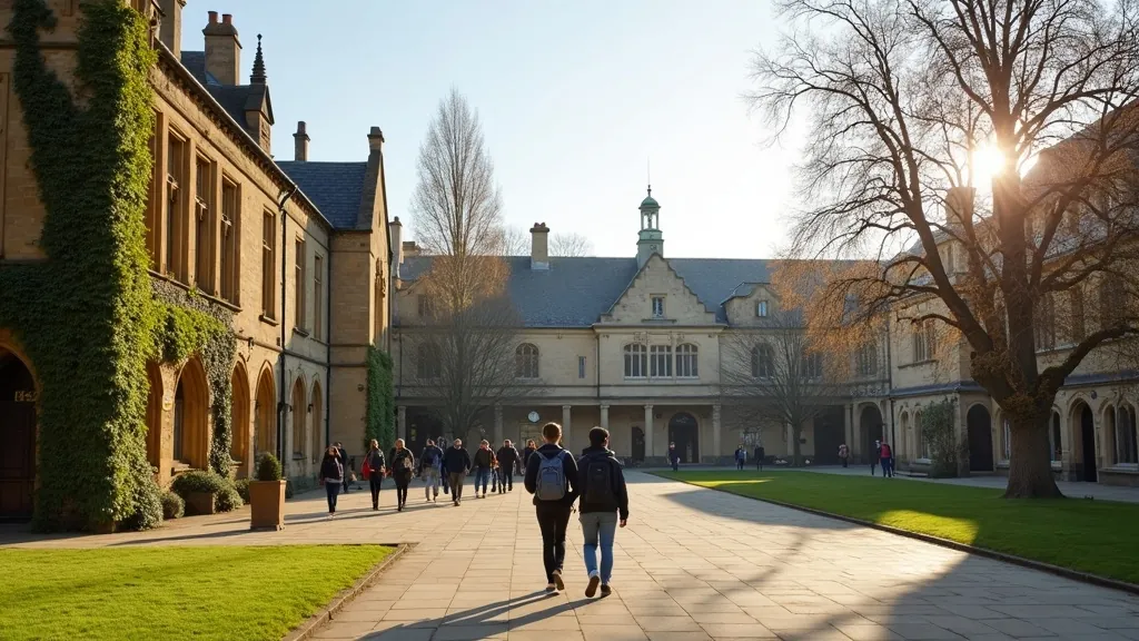 Students walking through a sunlit traditional British university campus courtyard