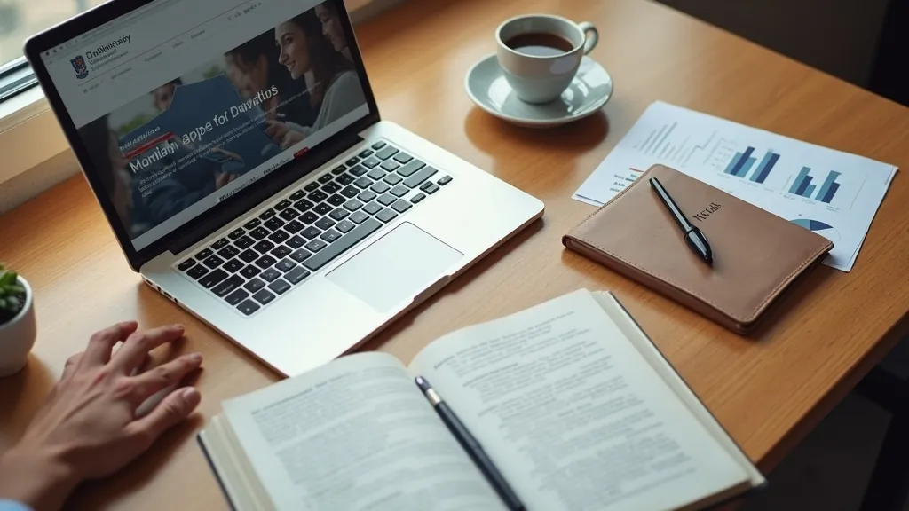Student researching UK foundation programmes on laptop with open textbook and notes
