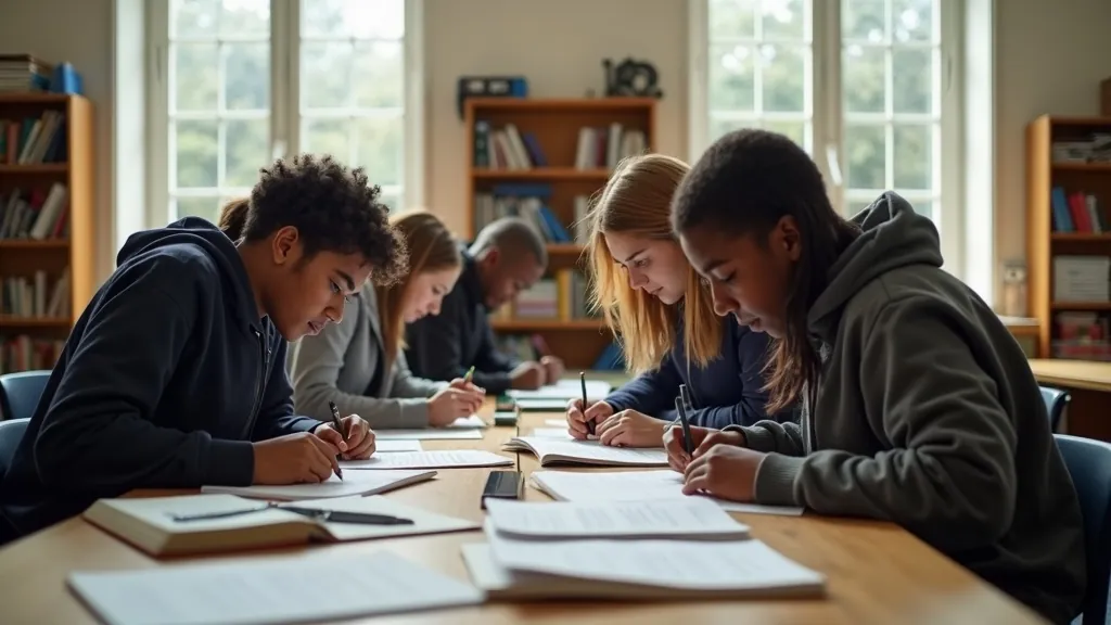 Diverse students writing at a shared library table while studying abroad together