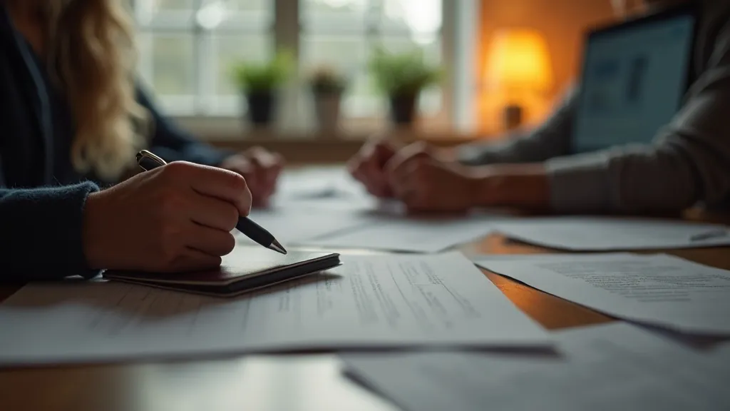 Two people reviewing documents spread across a table during a meeting