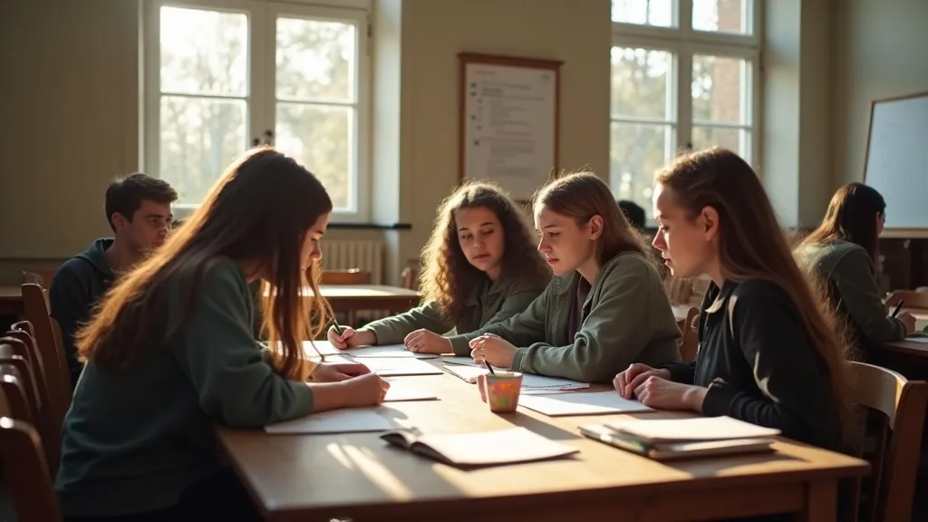Teenagers collaborating at a wooden classroom desk during a UK summer camp programme