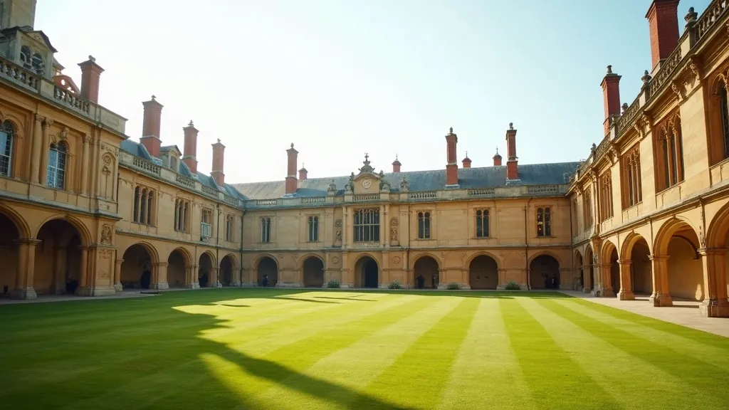 Sunlit college courtyard with striped lawn and arched stone colonnades in the UK