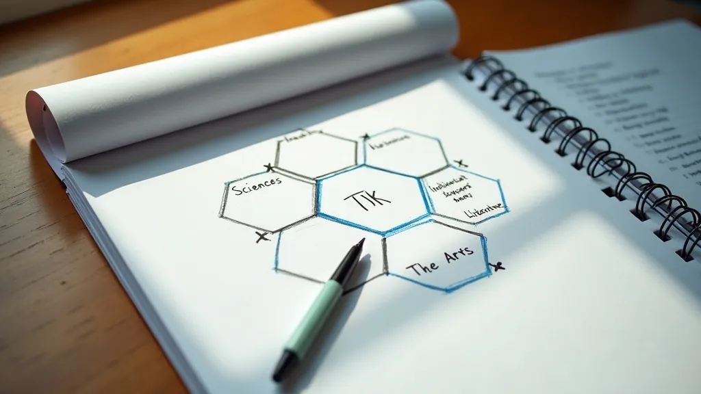 Hand-drawn hexagonal diagram in a notebook comparing Sciences, The Arts, and Literature