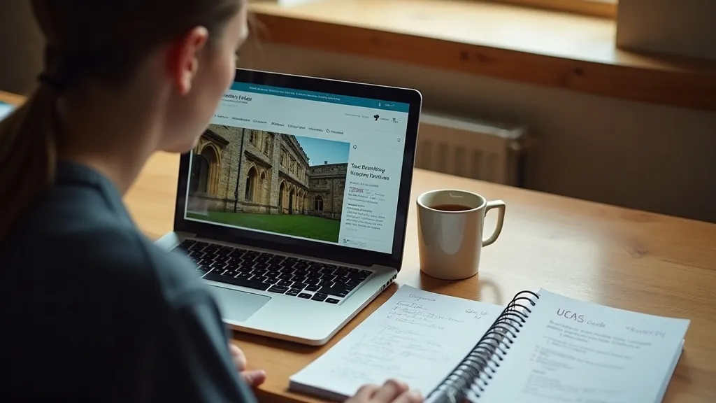 Student researching A-level vs IB options on a laptop with a UCAS guide notebook