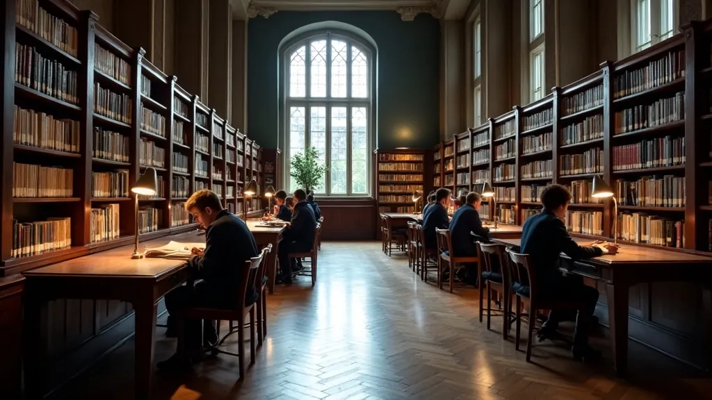 Students studying quietly at wooden desks in a traditional UK school library