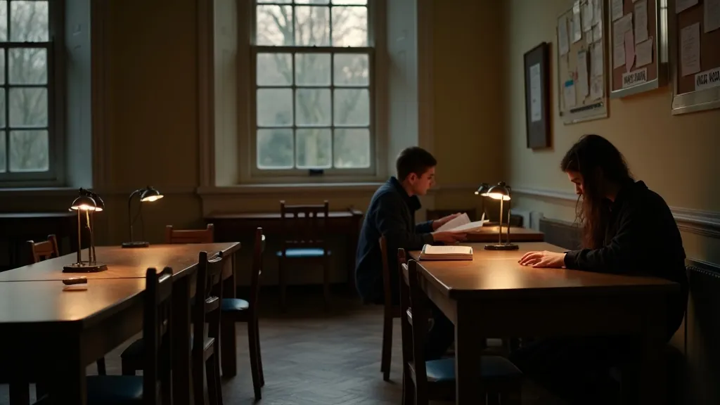 Two students studying alone at wooden desks in a dimly lit UK school room
