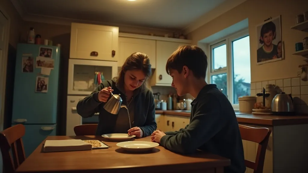 Teenage girl pouring a drink for a boy at a cosy UK kitchen table