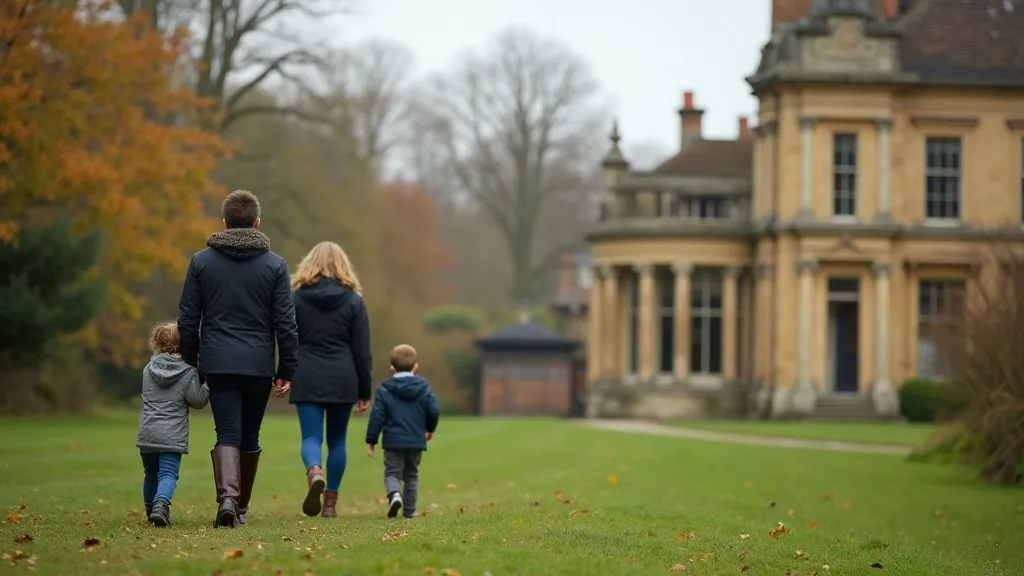 Family walking across grounds of a grand British country house in autumn