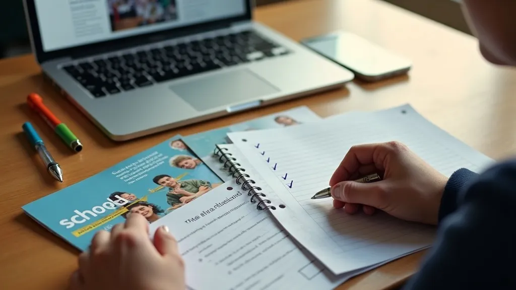 Person writing in a notebook alongside a school brochure, laptop, and coloured pens
