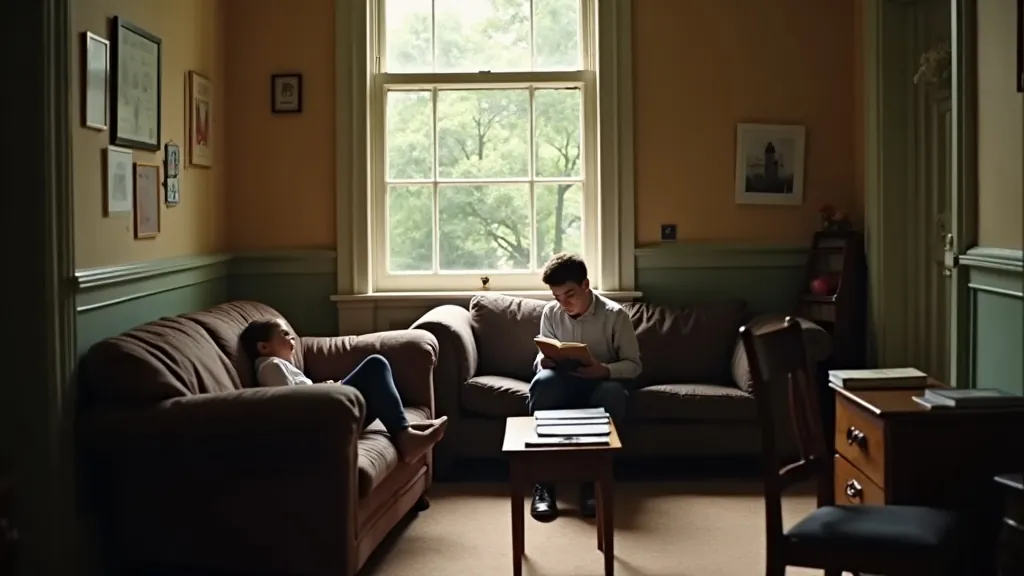 Two young people relaxing and reading books together in a cosy British living room