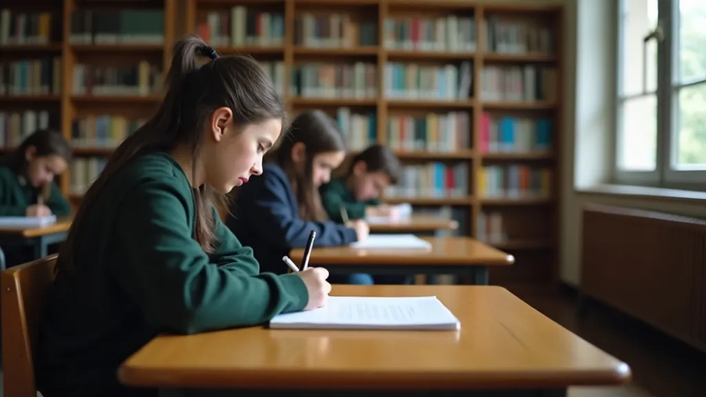 Students writing at wooden desks in a library, choosing a British school