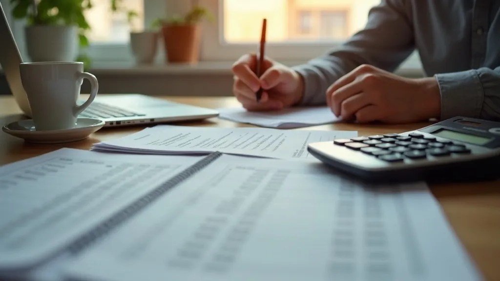 Parent reviewing financial documents and using a calculator while choosing a British school