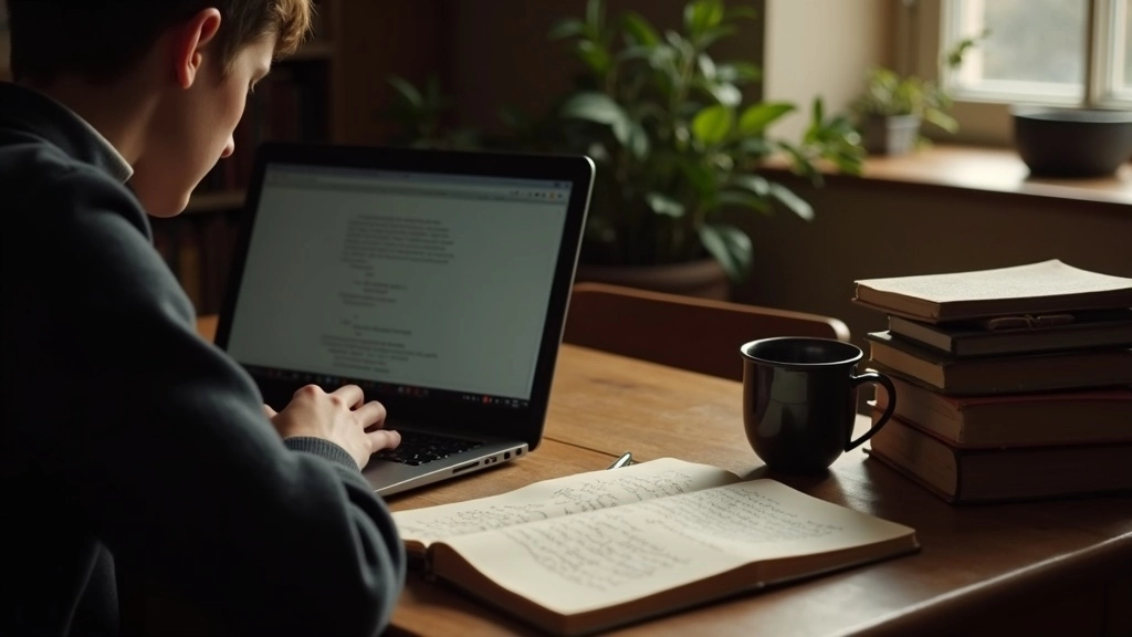 Student typing on a laptop at a wooden desk with open notebook and coffee