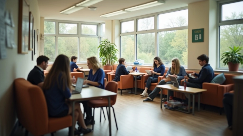 Students in navy uniforms studying and relaxing in a bright modern UK school common room