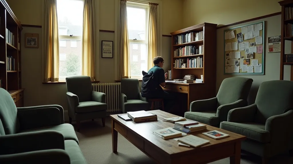 Student studying alone at a wooden desk in a cosy British boarding school common room