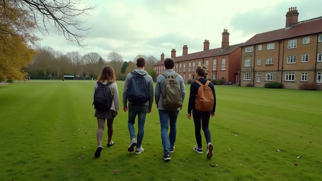 Four students with backpacks walking across green lawns at a UK boarding school