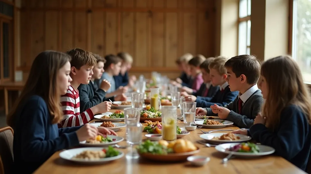 Children eating lunch together at a long wooden dining table during a UK school immersion programme