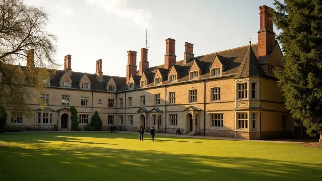 Students walking across manicured lawns outside a traditional British boarding school building