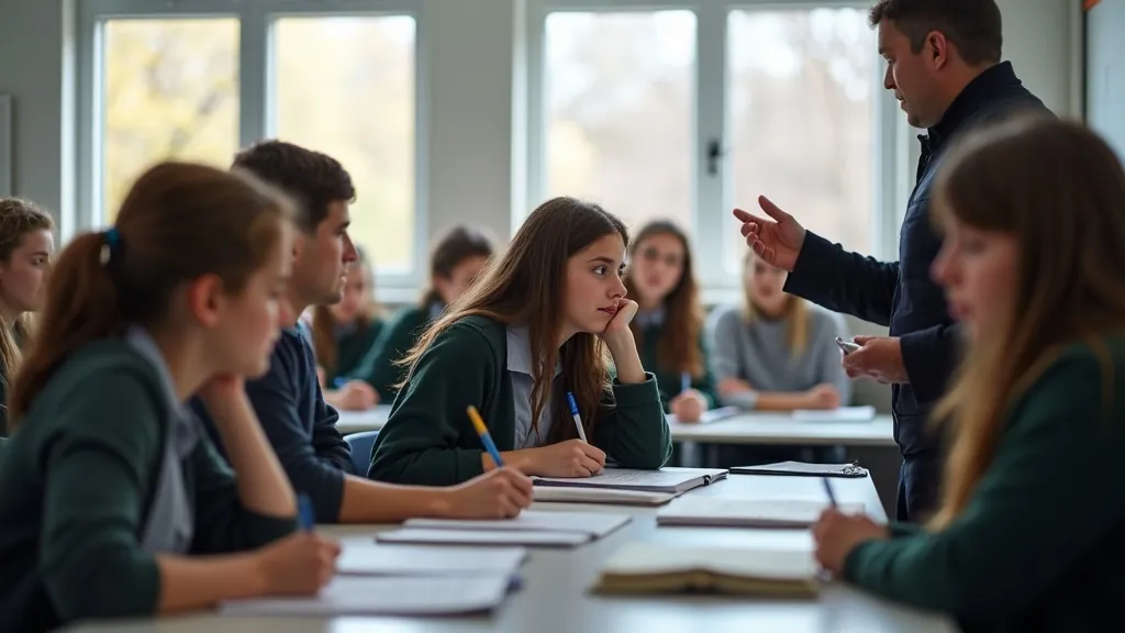 Teenagers listening attentively to a teacher during a UK school immersion programme class