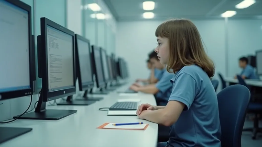 Young student sitting at a desktop computer in a school IT suite