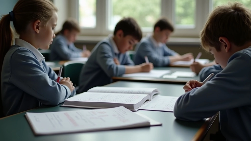 Secondary school pupils in blue uniforms writing at desks during a GCSE subjects lesson