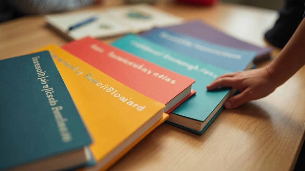 Colourful GCSE subject textbooks fanned out on a wooden desk beside a student's hand