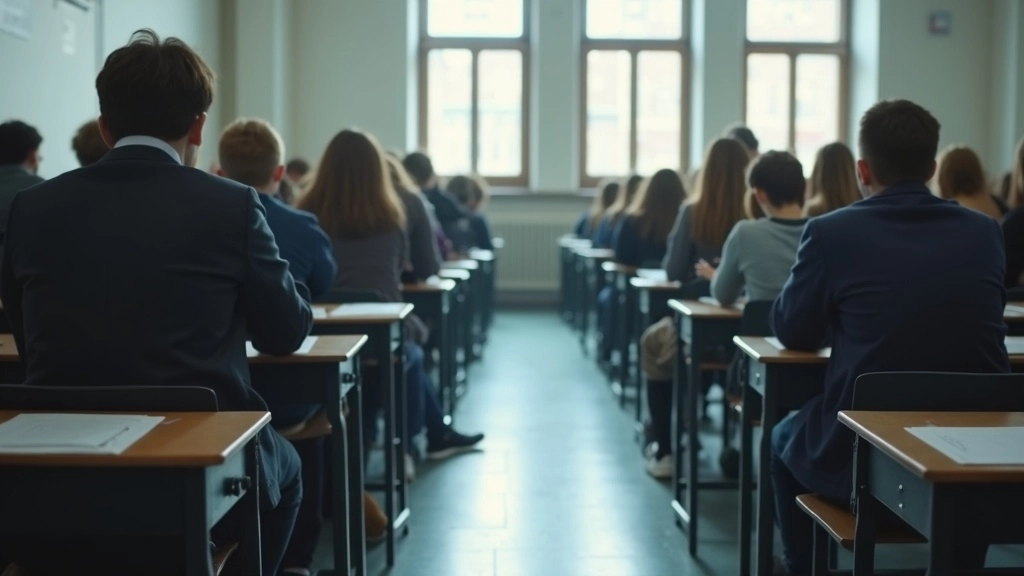 Students in school uniform sitting at exam desks in a bright UK classroom